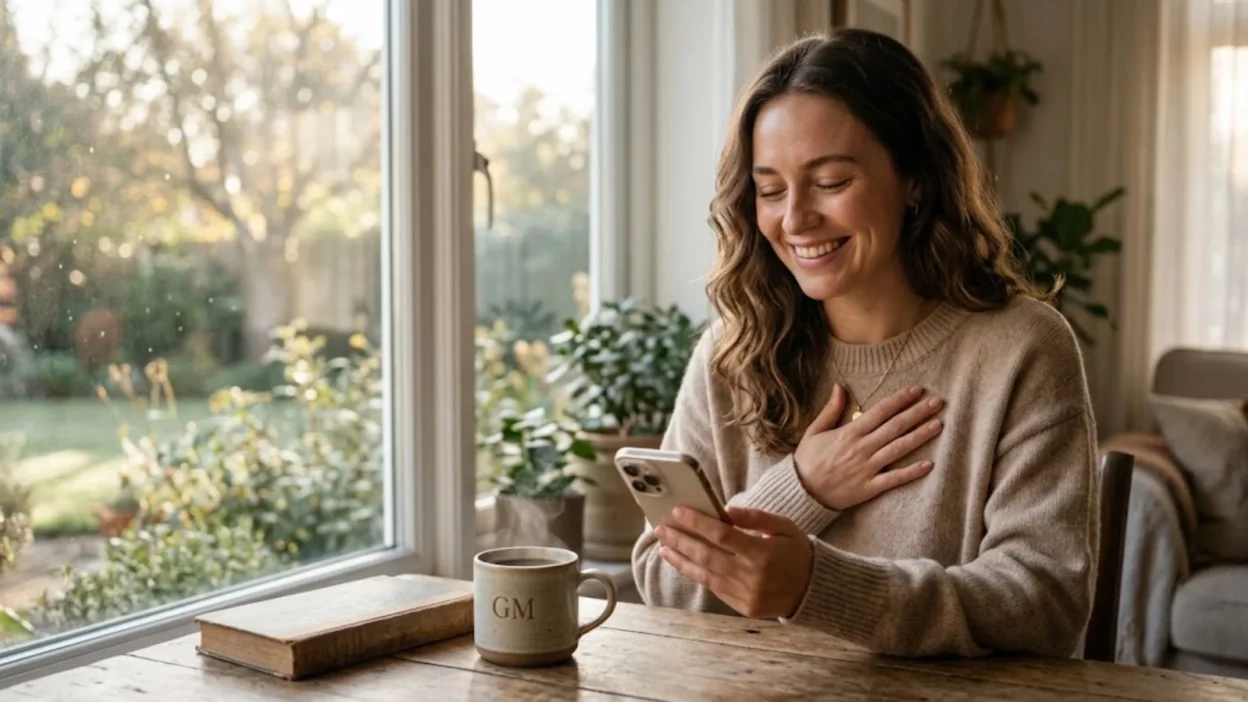 Woman smiling with hand on heart while reading a good morning text by a sunny window with hot coffee.