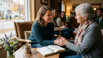 Woman comforting senior lady by a sunny window with coffee and journal