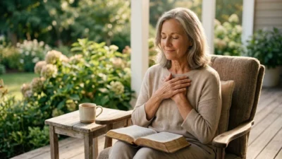 Woman sitting in an armchair on a sunny porch with hands over her heart and an open book on her lap