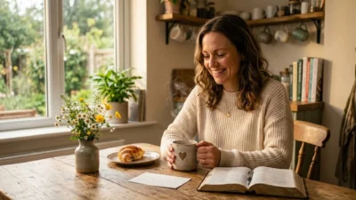 Smiling woman holding a steaming mug by an open Bible, fresh flowers, and pastry on a sunny morning