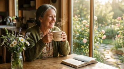 Smiling woman holding a coffee mug by a sunny window with open journal and flowers.