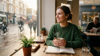 Woman smiling by a rainy window holding warm coffee with journal for Monday blessings