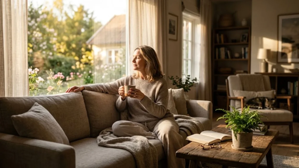Woman holding a warm mug while relaxing on a sofa by a sunlit window on Sunday afternoon