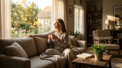 Woman holding a warm mug while relaxing on a sofa by a sunlit window on Sunday afternoon