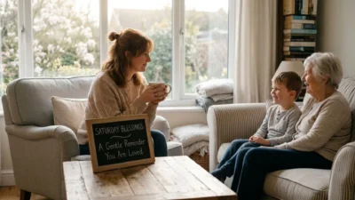 Mother holding coffee by a Saturday Blessings sign while son sits with grandmother
