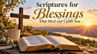 Scriptures for blessings that heal and uplift you with an open Bible, wooden cross, and golden sunrise.