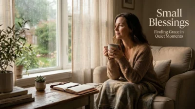 Woman in a cozy sweater holding a warm mug by a rainy window with an open journal