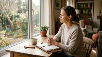 Woman praying quietly with a Bible and cross on a wooden table by a bright morning window