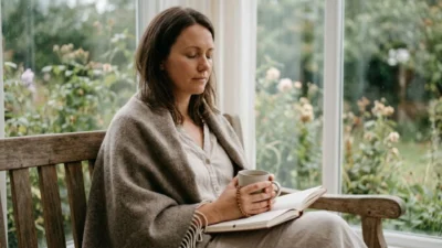 Woman sitting quietly with eyes closed holding tea and prayer beads by garden window
