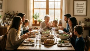 Multi-generational family sharing a wholesome meal around a rustic wooden dining table filled with gratitude and warmth