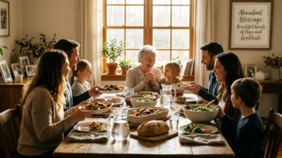 Multi-generational family sharing a wholesome meal around a rustic wooden dining table filled with gratitude and warmth