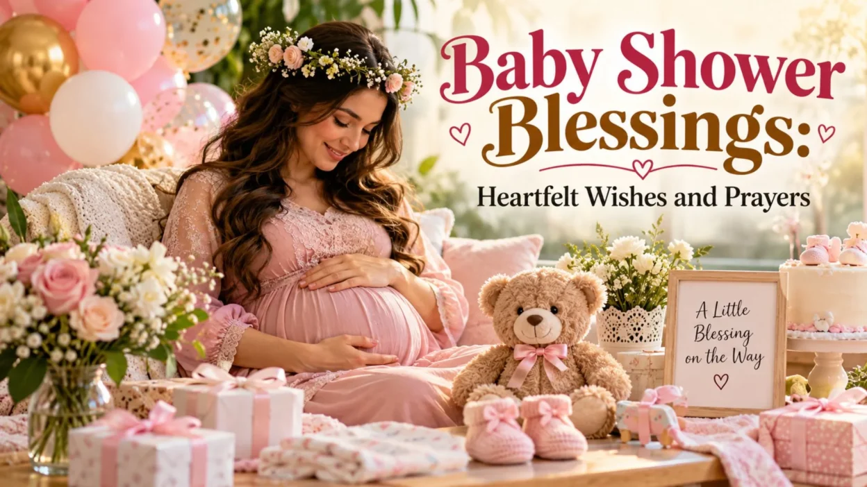 Baby shower blessings with a pregnant woman, pink balloons, roses, baby gifts, and a teddy bear.