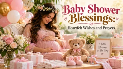 Baby shower blessings with a pregnant woman, pink balloons, roses, baby gifts, and a teddy bear.