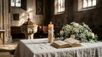 : Baptism candle with cross ribbon and open prayer book by white roses in a historic church.