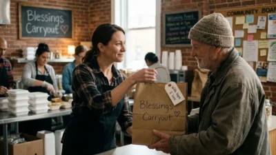 Volunteer hands a paper food bag to a senior man in a community kitchen