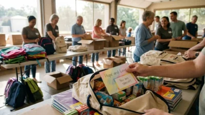 Volunteers packing food and an encouraging note into a backpack