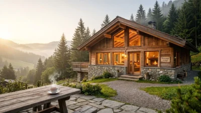 Rustic wooden Blessings Lodge with steaming tea overlooking misty alpine valleys at sunrise