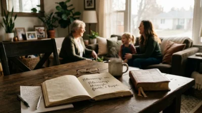 Open journal with handwritten faith lyrics beside a Bible with family gathered in the sunlit background