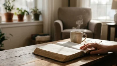 Hand resting on open Bible beside steaming coffee mug in morning light