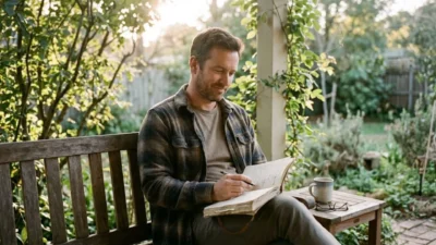 Man smiling and writing in a journal on a wooden garden bench during a bright sunny morning