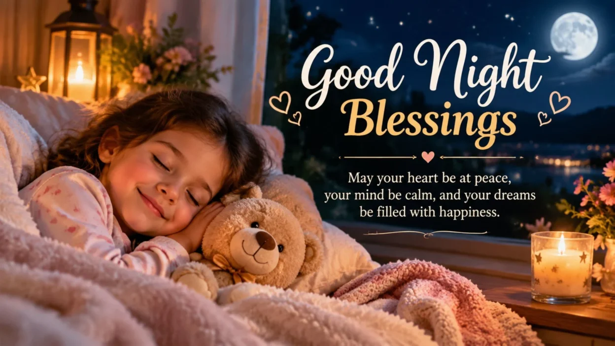 Cute Good Night Blessings featuring a sleeping girl hugging a teddy bear beside a moonlit window.
