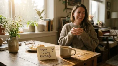 Happy Friday Blessings card on a wooden table beside coffee and a smiling woman indoors