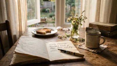Open vintage journal with handwritten daily blessings on a sunlit rustic wooden table beside steaming coffee