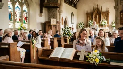Mother and daughter smiling in church pew during Easter service beside an open Bible and stone cross