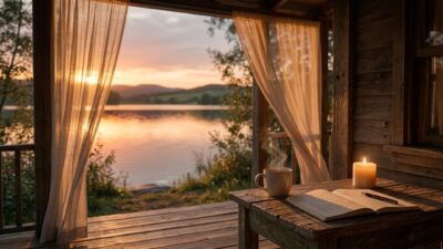 Steaming mug, journal, and glowing candle on a wooden porch overlooking a peaceful sunset lake.
