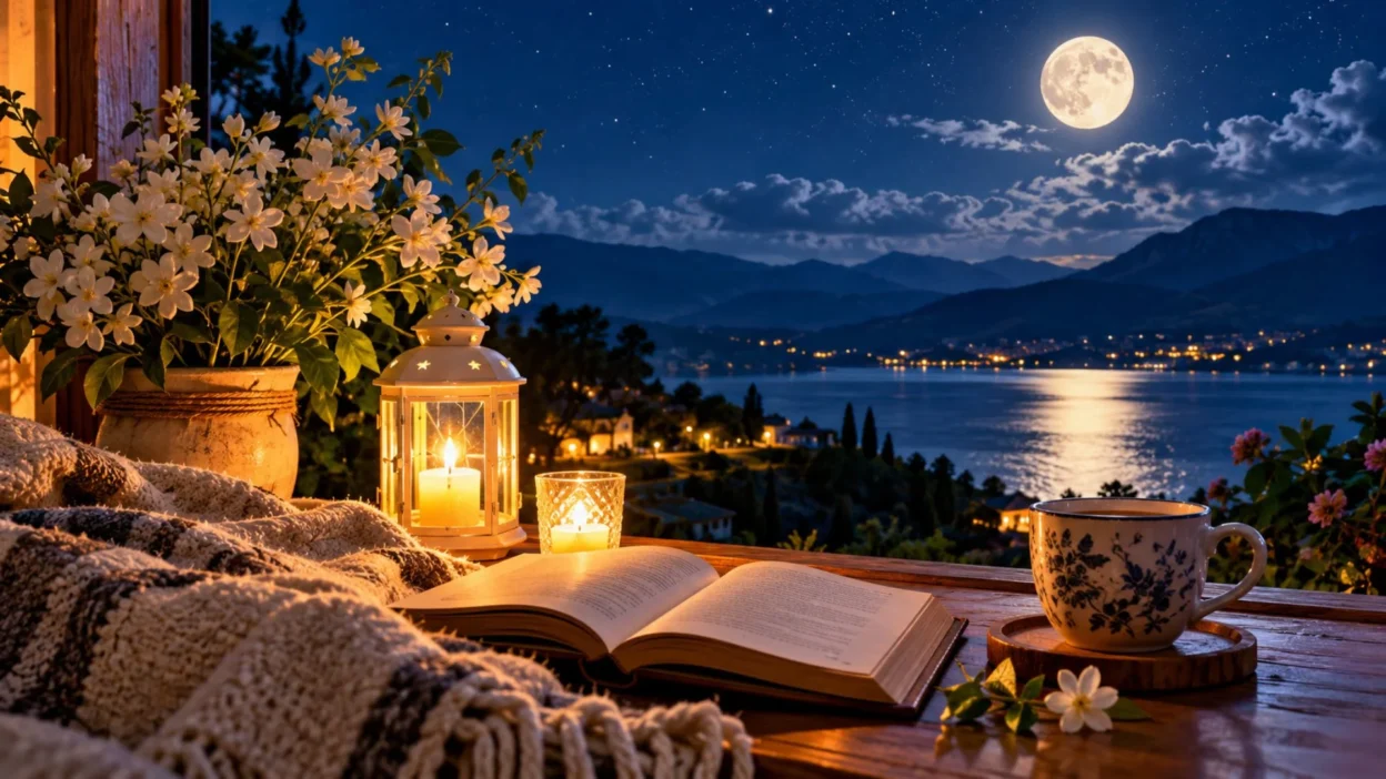 : Free good night blessings for peace, love, and hope under a glowing full moon beside a peaceful lake.