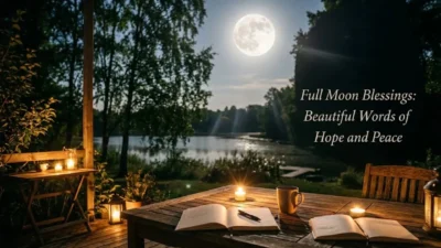 Open journal, coffee cup, and candles on a wooden deck under a bright glowing full moon by the lake