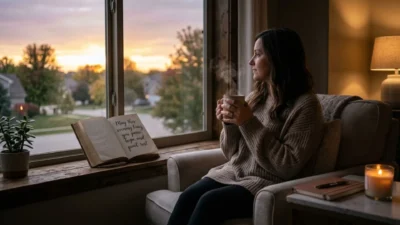 Woman relaxing by a window at sunset holding a warm mug near an open book of blessings