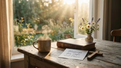 Steaming coffee mug beside an open Bible and wooden cross on a sunlit table