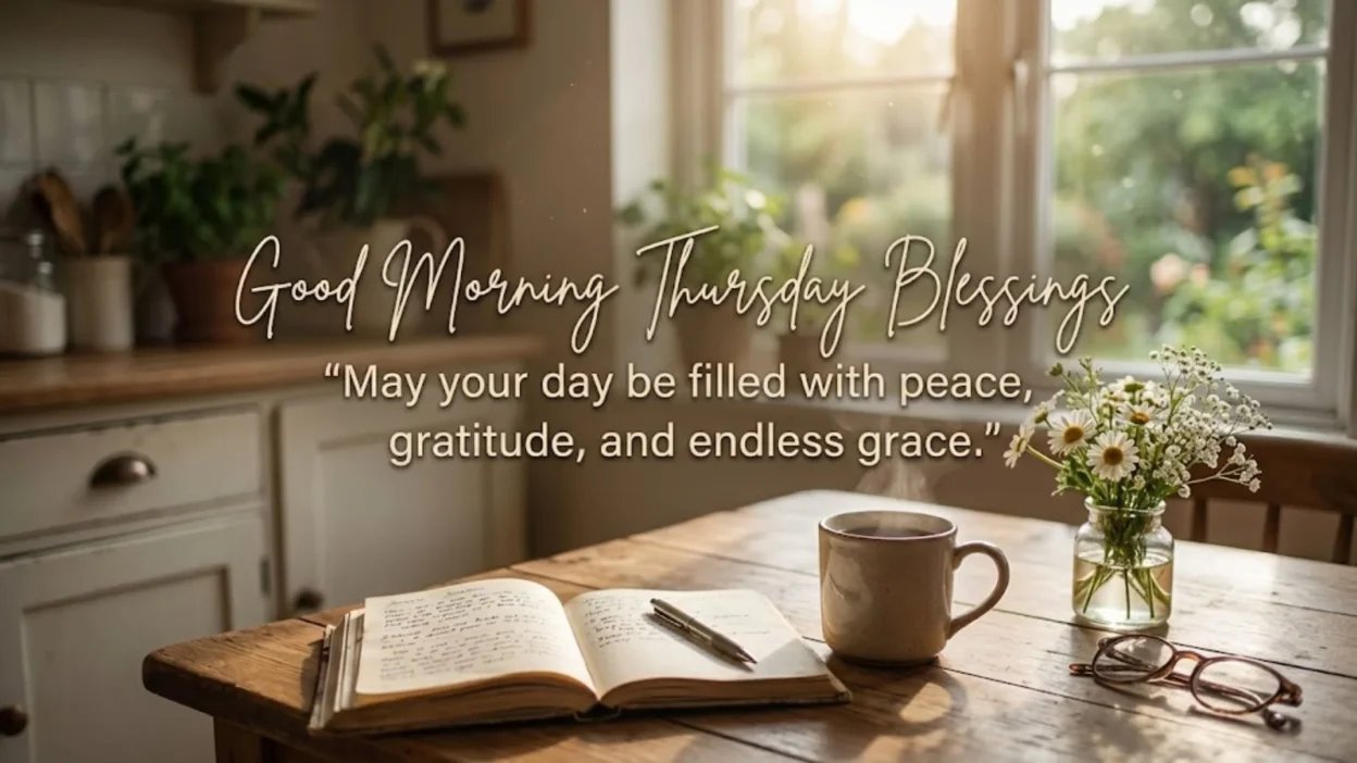 Steaming coffee cup, open journal, and fresh flowers on a rustic wooden table by a sunny window