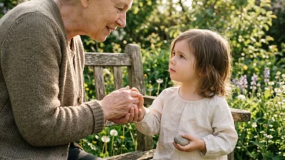 : Elderly woman sitting on a wooden bench holding hands with a young child in a sunlit garden