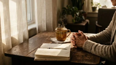 Elderly person with hands clasped in prayer at a rustic wooden table beside morning window light