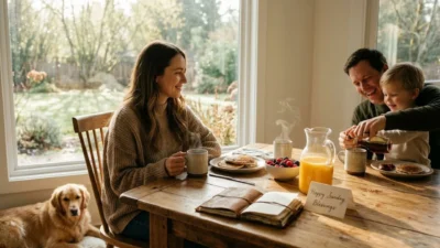 Happy family enjoying Sunday breakfast with pancakes orange juice and a handwritten blessings card