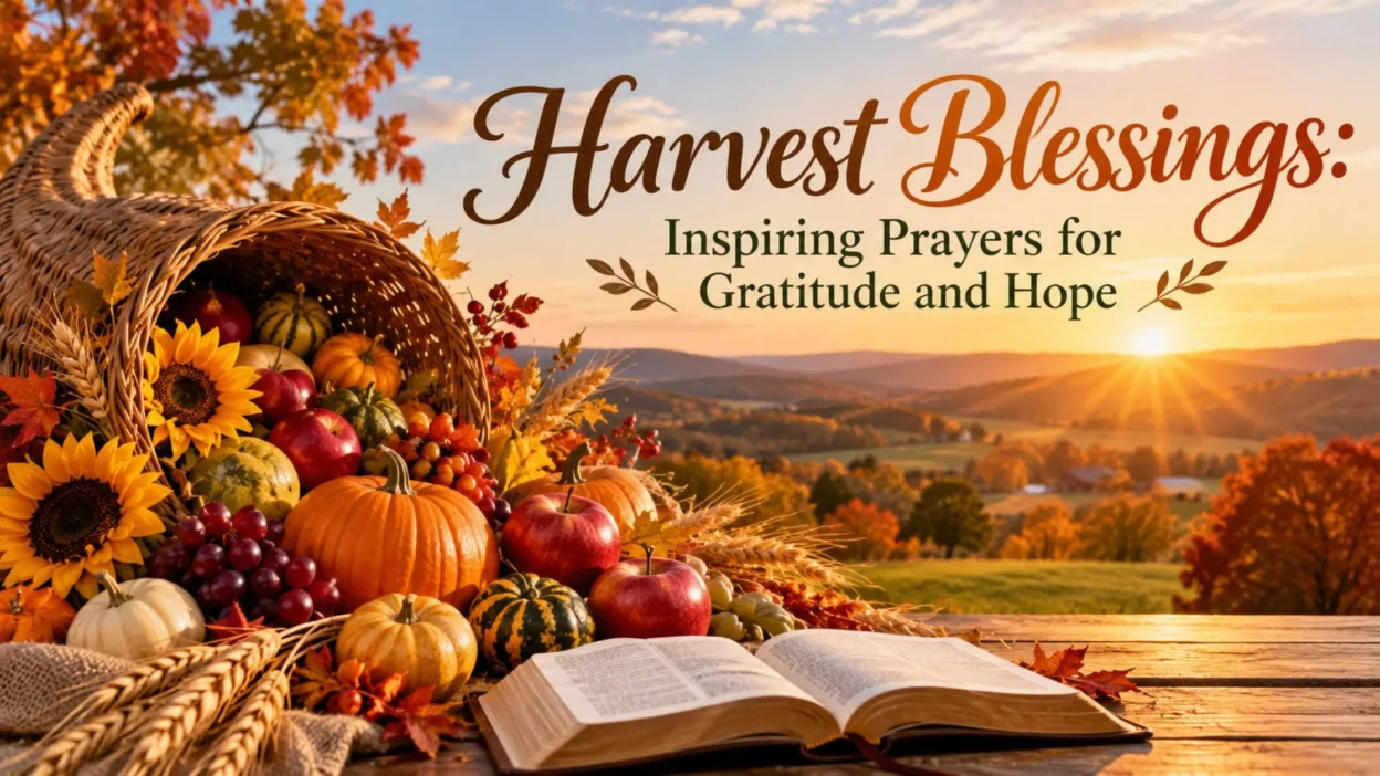 Harvest blessings with pumpkins, sunflowers, autumn fruits, an open Bible, and a golden sunset symbolizing gratitude and hope.