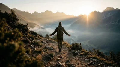 Hiker walking along a rugged mountain trail toward the morning sun with arms open in faith.