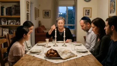 Jewish family gathers at a Shabbat table as a grandmother blesses two lit candles