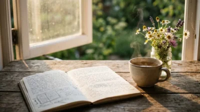 Open handwritten journal with steaming tea and wildflowers by a sunny window