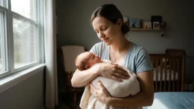 Mother holding her sleeping newborn wrapped in a warm blanket near a sunny window