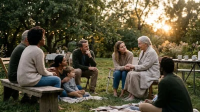 Multigenerational family sitting outdoors in a circle at golden hour sharing a warm peaceful moment together.