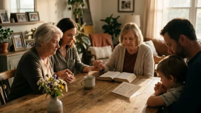 Multigenerational family holding hands in prayer around a wooden table with an open Bible.