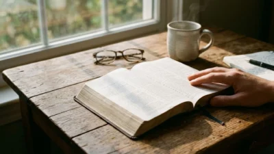 Open Bible on rustic wooden table with reading glasses and warm coffee