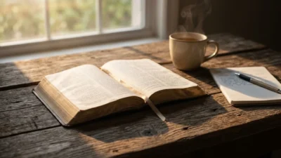 Open Bible beside a steaming mug and journal on a rustic table in warm morning light