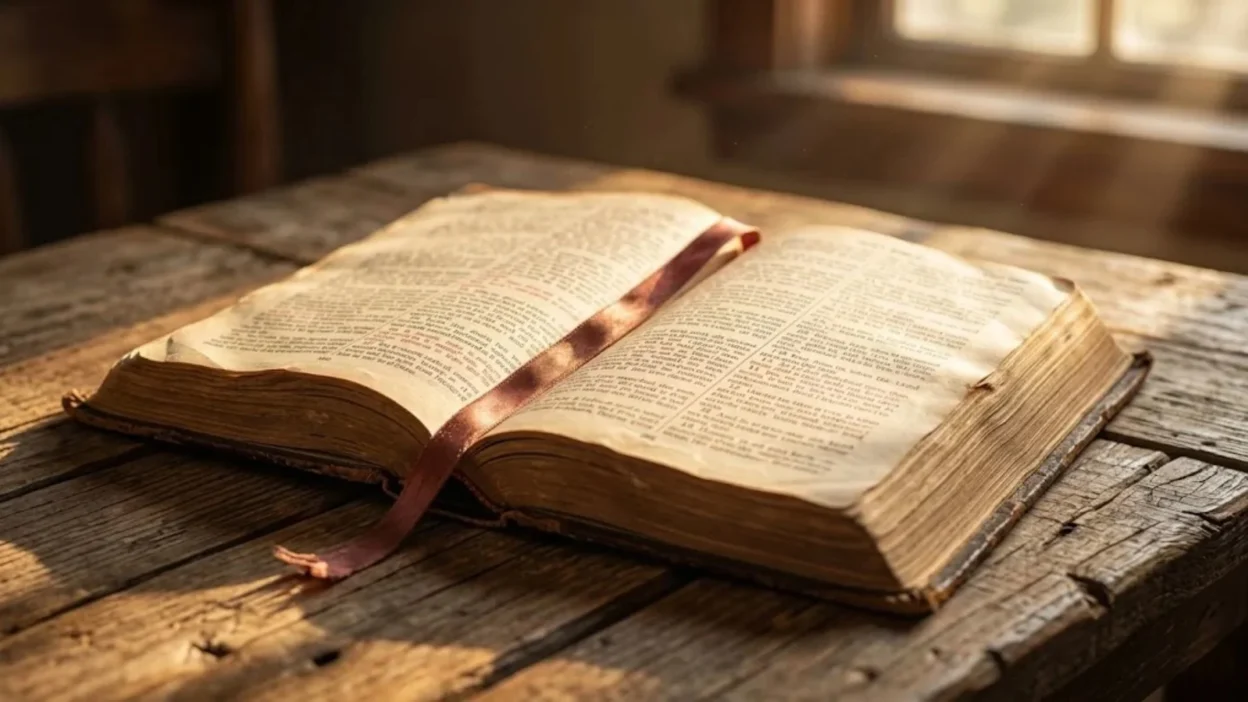 open holy bible with bookmark resting on rustic wooden table bathed in morning sunlight