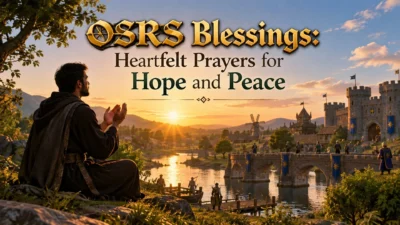 : OSRS blessings with a man praying at sunset near a medieval castle, symbolizing hope, peace, and faith.