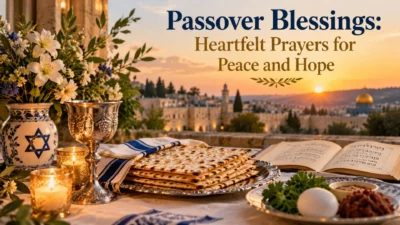 : Passover blessings with matzah, candles, flowers, and a Haggadah overlooking Jerusalem at sunset.