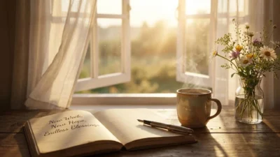 Sunlit morning window with an open journal, steaming coffee, and vase of wildflowers on a wooden table.
